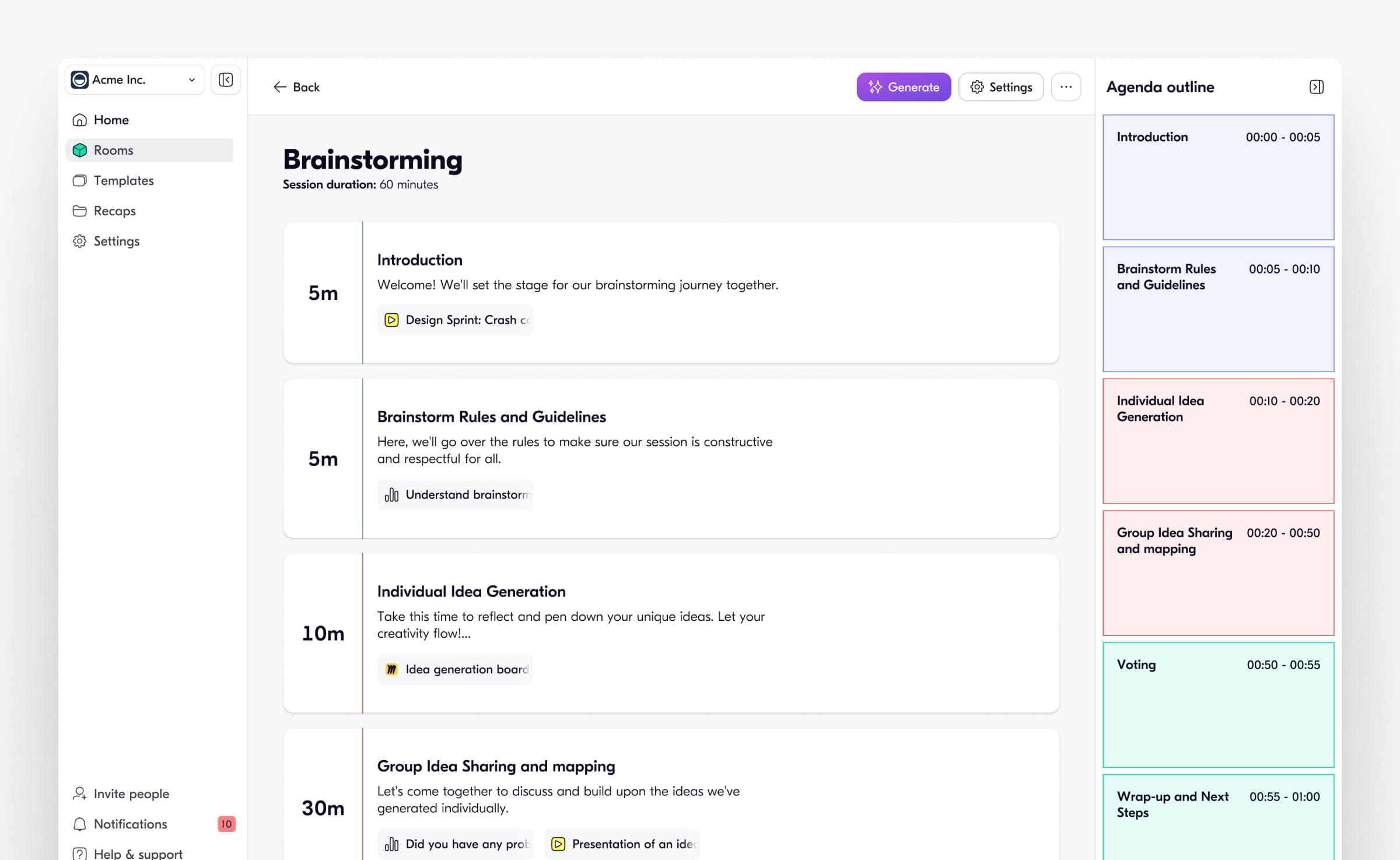Butter agenda planner interface showing the brainstorming agenda outline.