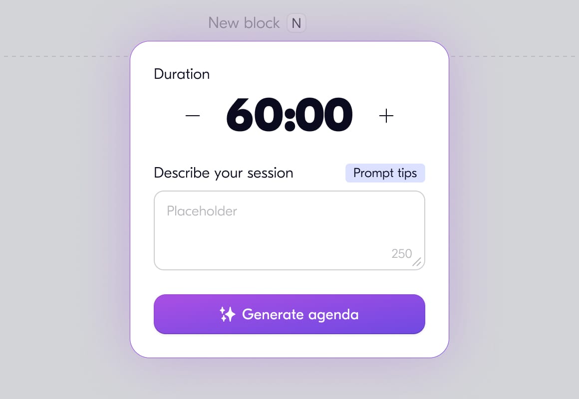 Agenda planner interface for adding a new block with duration and description fields.