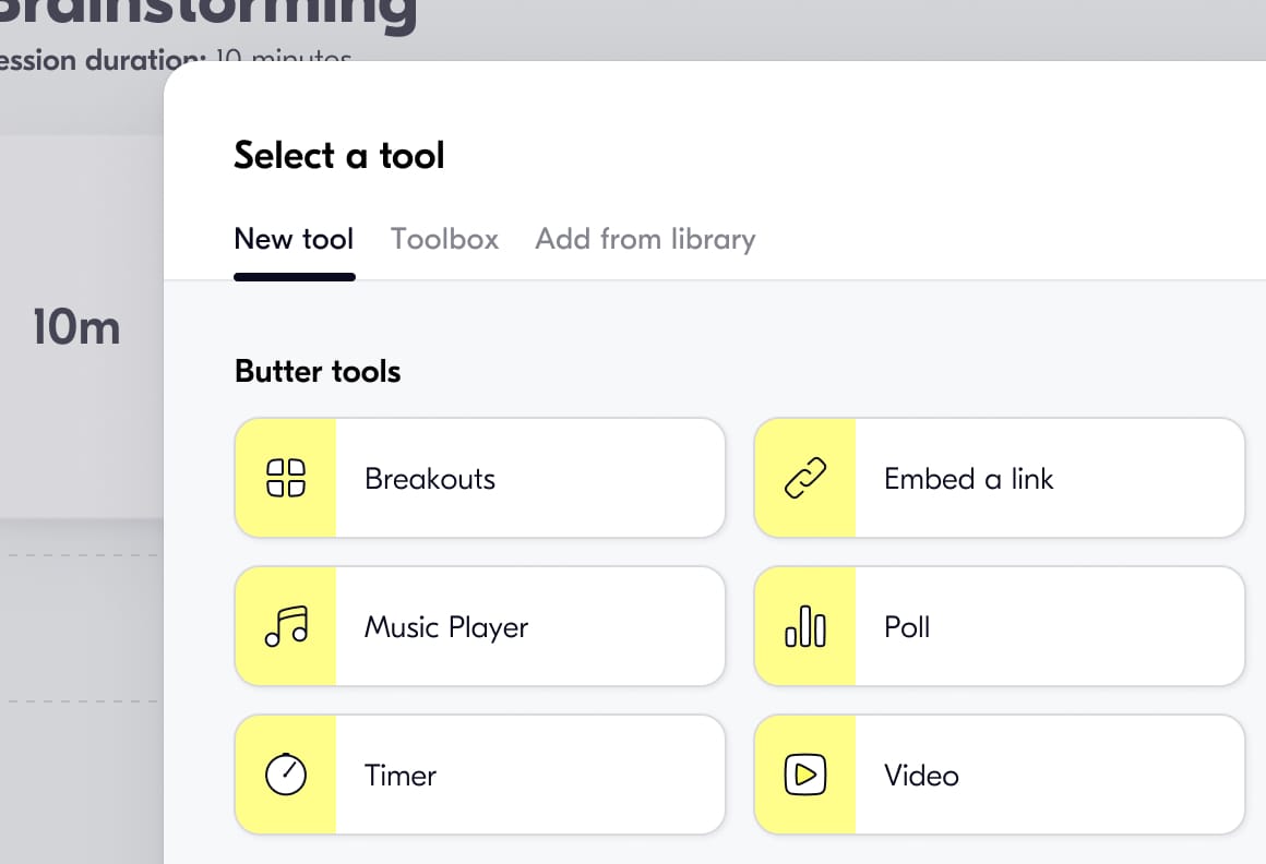 Screenshot of the 'Select a tool' modal in the Butter agenda planner, showcasing available tools.