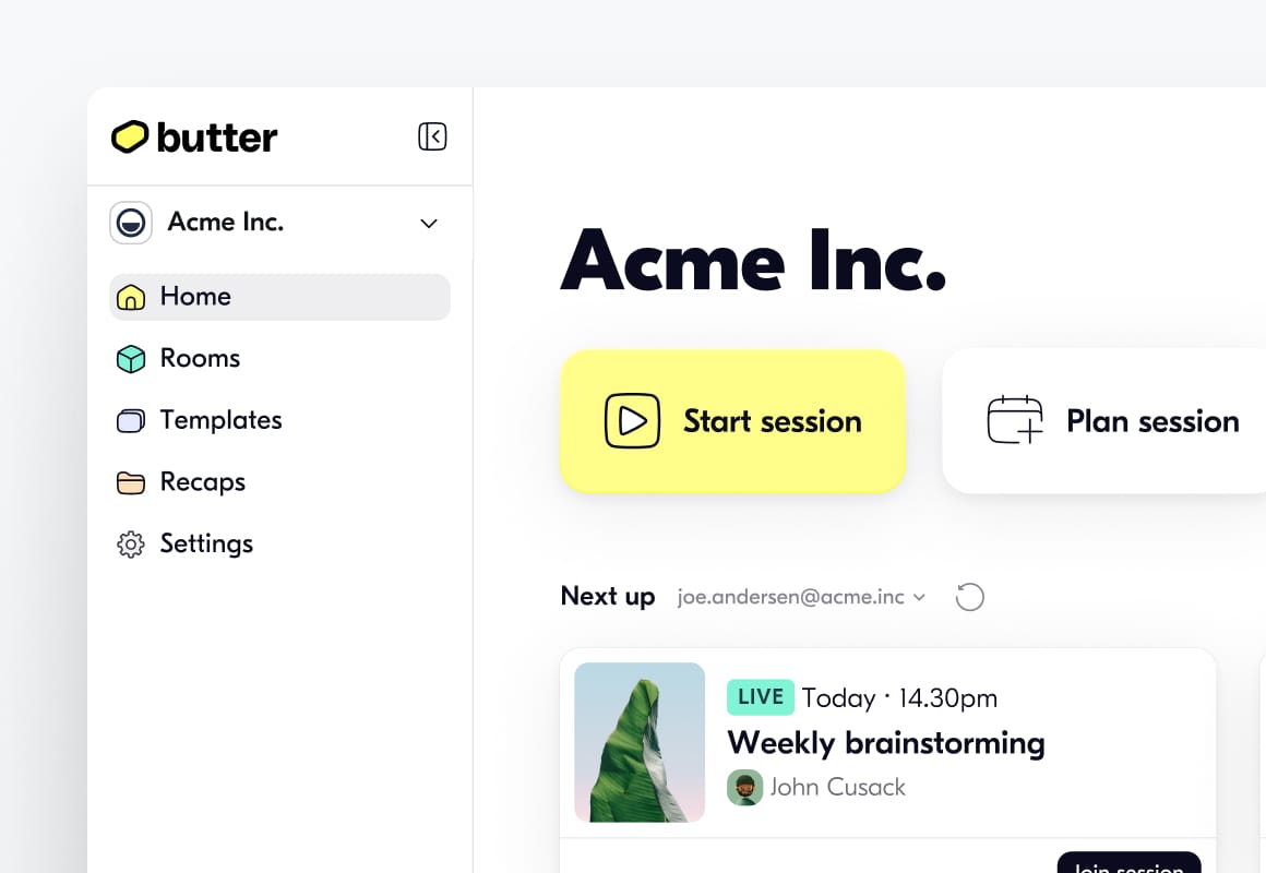 Butter app dashboard displaying company name, session planning options, and upcoming sessions.