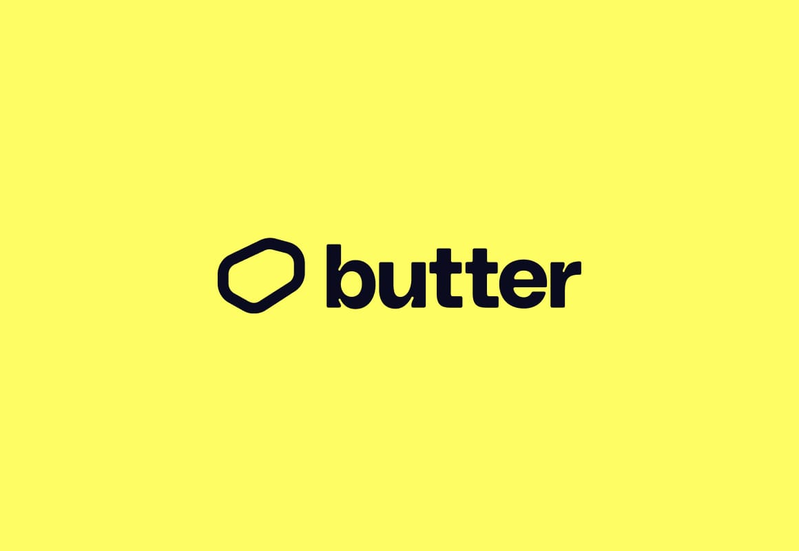 The Butter logo featuring a stylized rounded rectangle icon and the word 'butter' in a sans-serif typeface, both in dark blue on a yellow background.