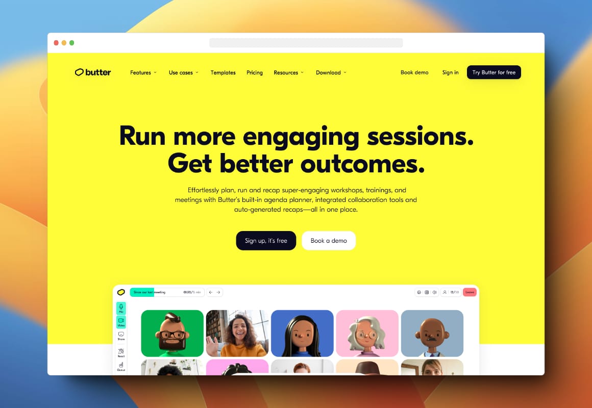 Screenshot of Butter's homepage interface featuring a bright yellow background, navigation menu, and a carousel of user avatars.