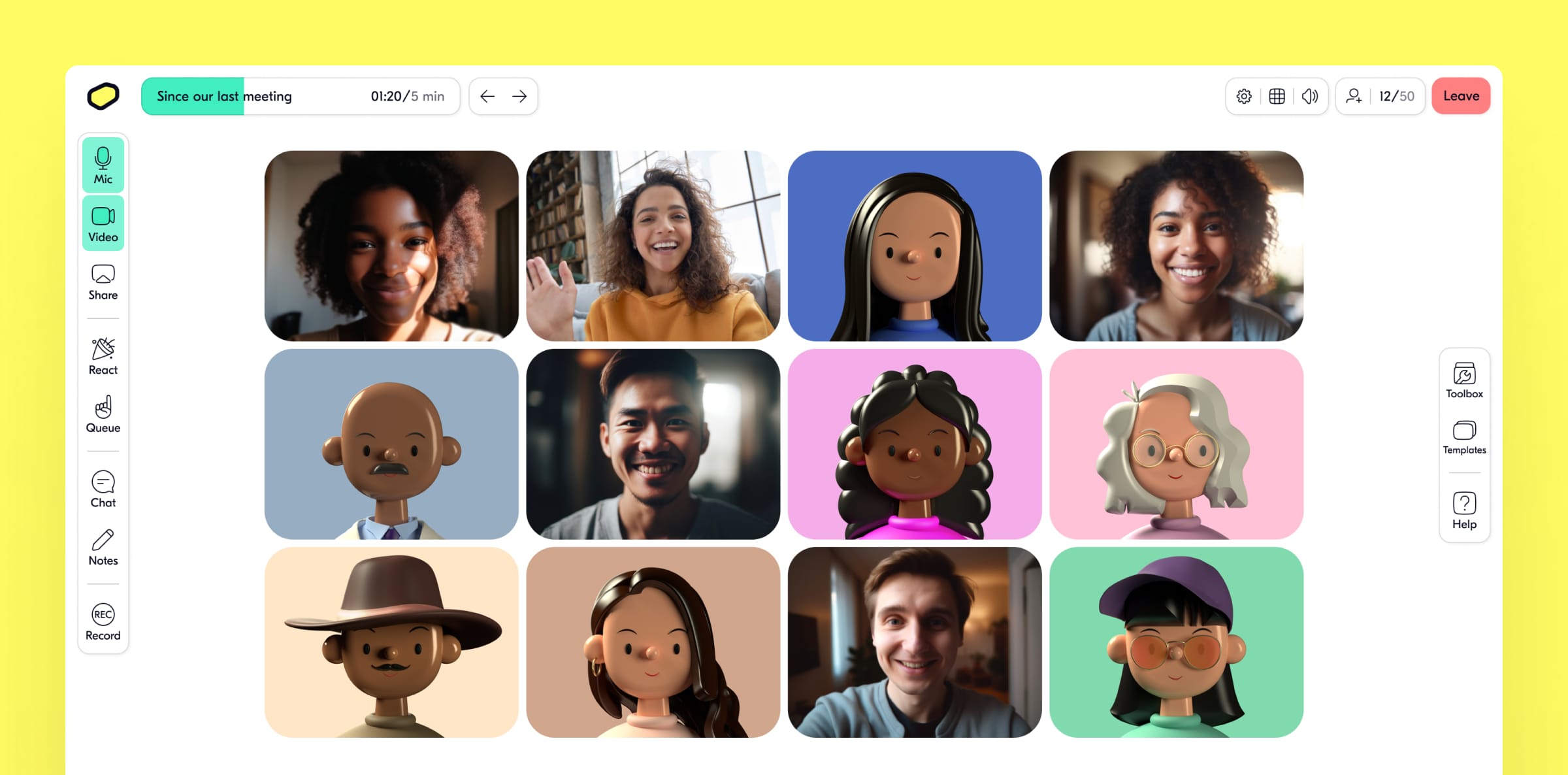 Screenshot of the Butter video conferencing interface showing a grid of participant windows and side navigation