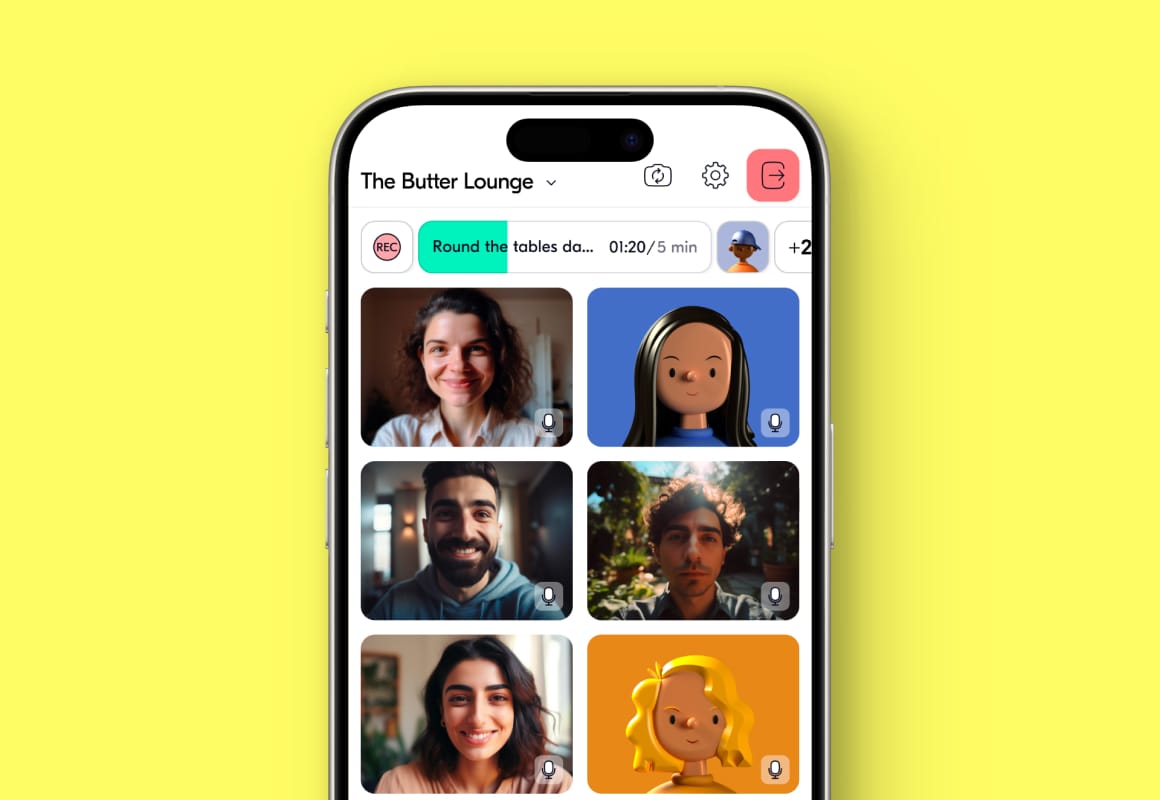 Screenshot of the Butter mobile app showing a grid of participants in a virtual meeting.