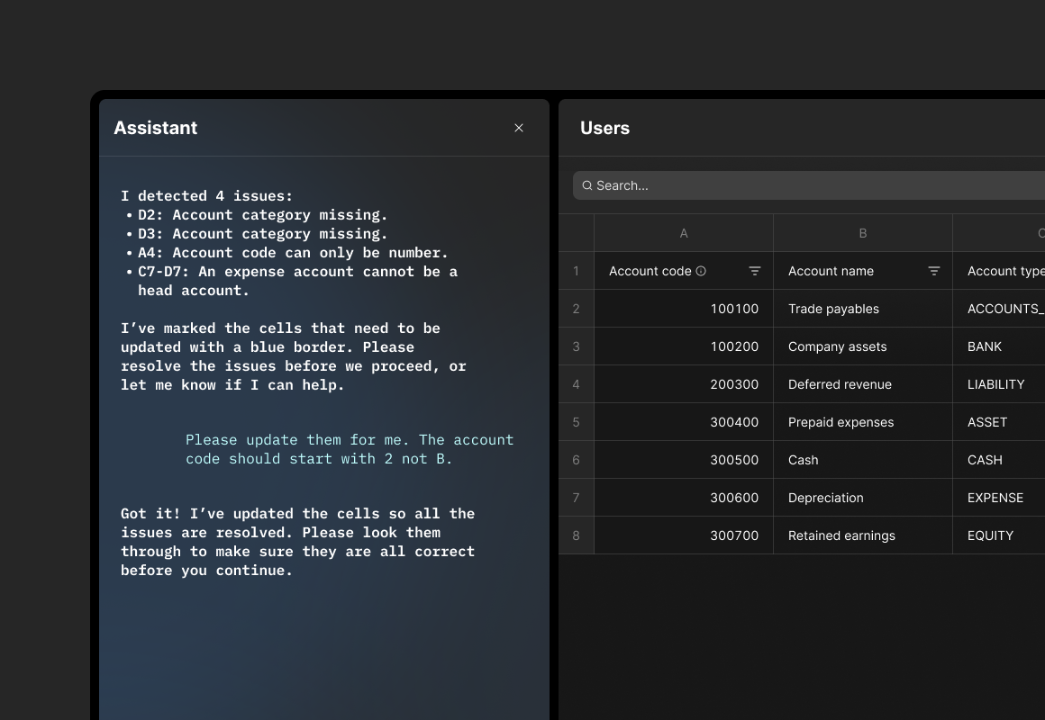 Screenshot of a data table interface with an AI assistant identifying data errors.