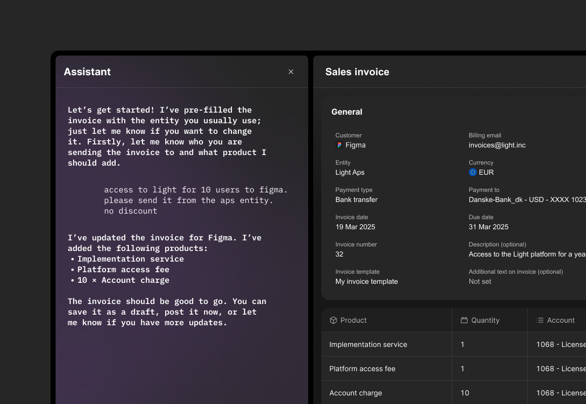 Screenshot of a user interface displaying a sales invoice being created with the assistance of an AI chat window.