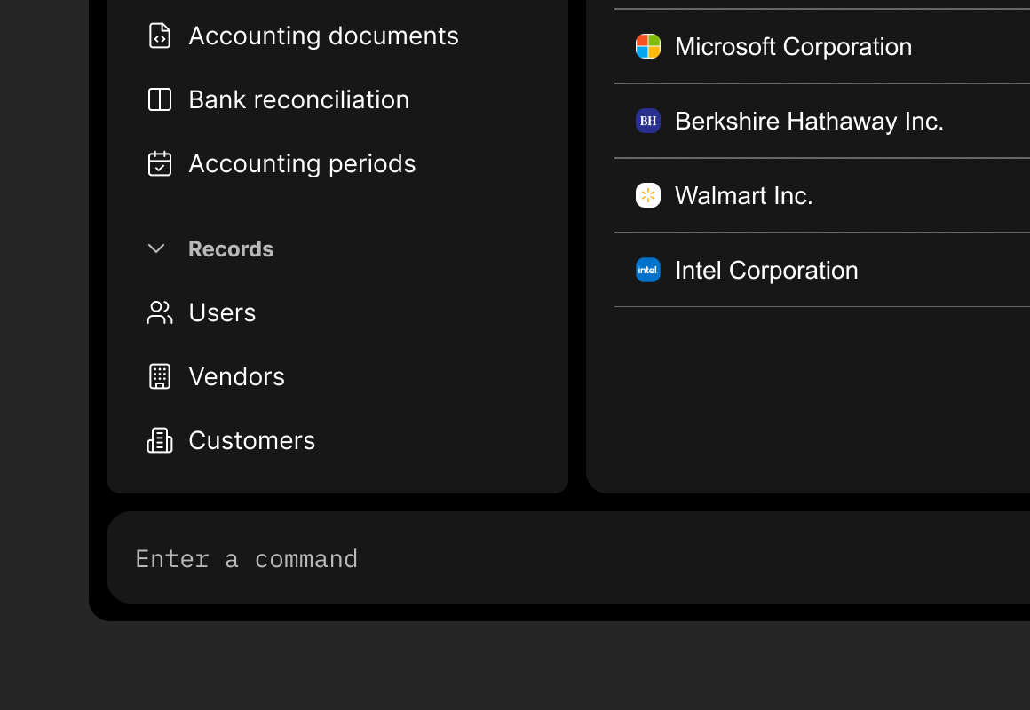 Screenshot of the light command interface with a dark theme, showing a menu with accounting and user management options on the left and a list of corporations on the right.
