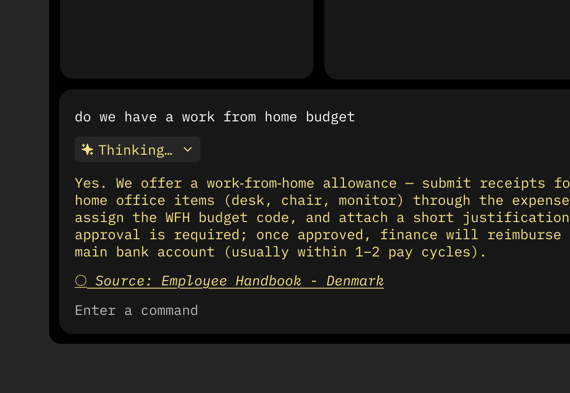 Light Command Interface showing a query about work from home budget and its response.
