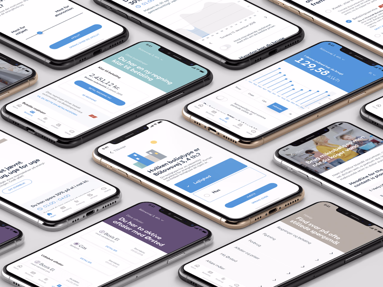 Multiple iPhone screens displaying various user interfaces of the Ørsted app.
