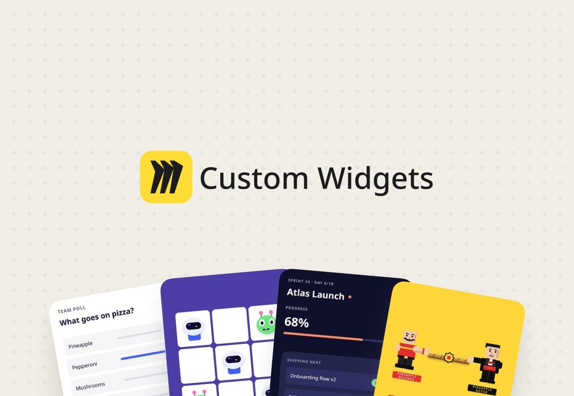Miro Custom Widgets with examples of a team poll, memory game, project tracker, and tug-of-war vote.